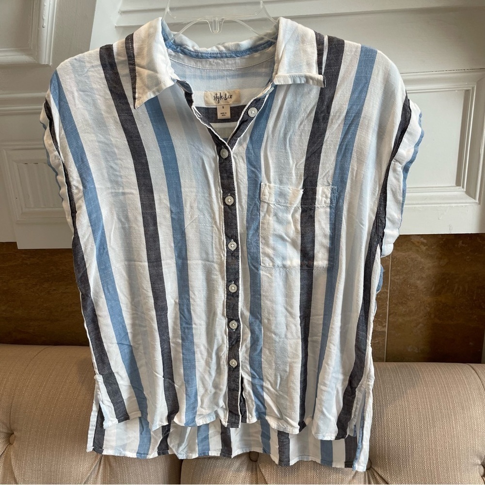 Ba: Style & Co Women Small Blue Short Sleeve Button-Down Y2K Shirt
